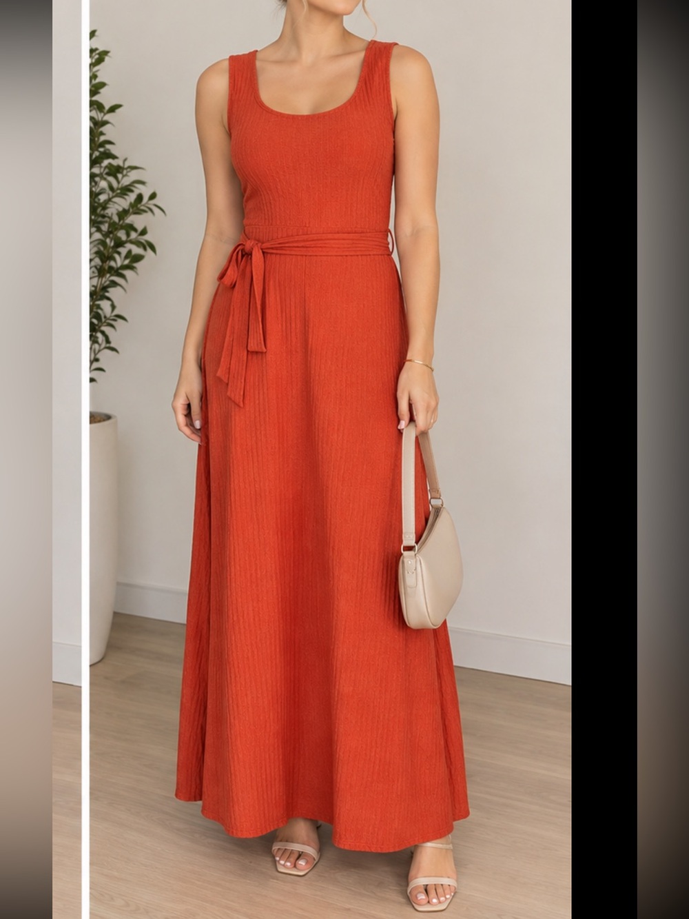 Simply Styled Sleeveless Orange Maxi Dress with Tie Waist